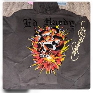 Ed Hardy grey Hoodie with Explosive Skull Graphic